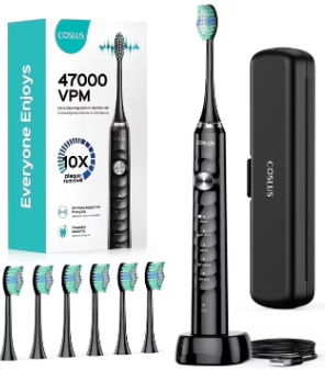 COSLUS Electric Toothbrush for Adults and Teen,Wireless Rechargeable Tooth Brush,Youth with Portable Travel Case,5 Modes 47000 Power Toothbrushes 6 Brush Heads ,70Day Battery Life Black
